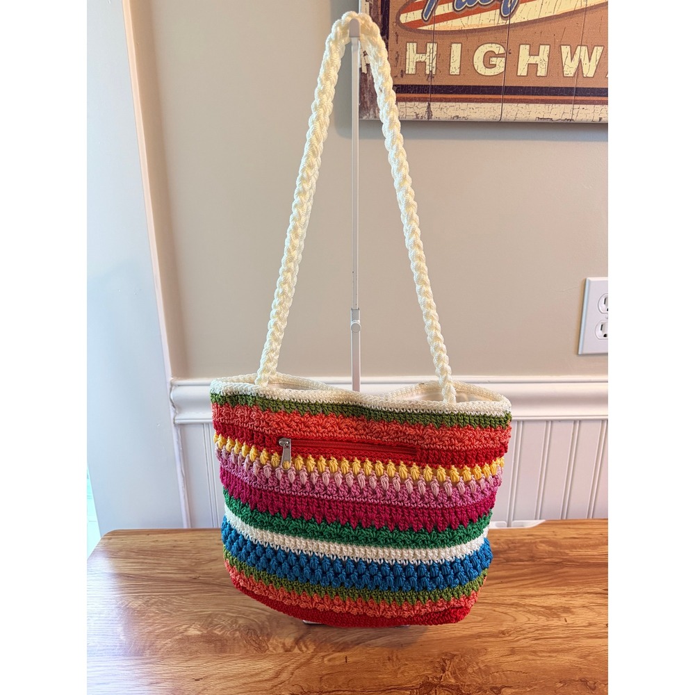 Colorful Crochet Tote Bag Lined Zip Pocket Boho Beach Cottagecore Lina - Picture 3 of 11